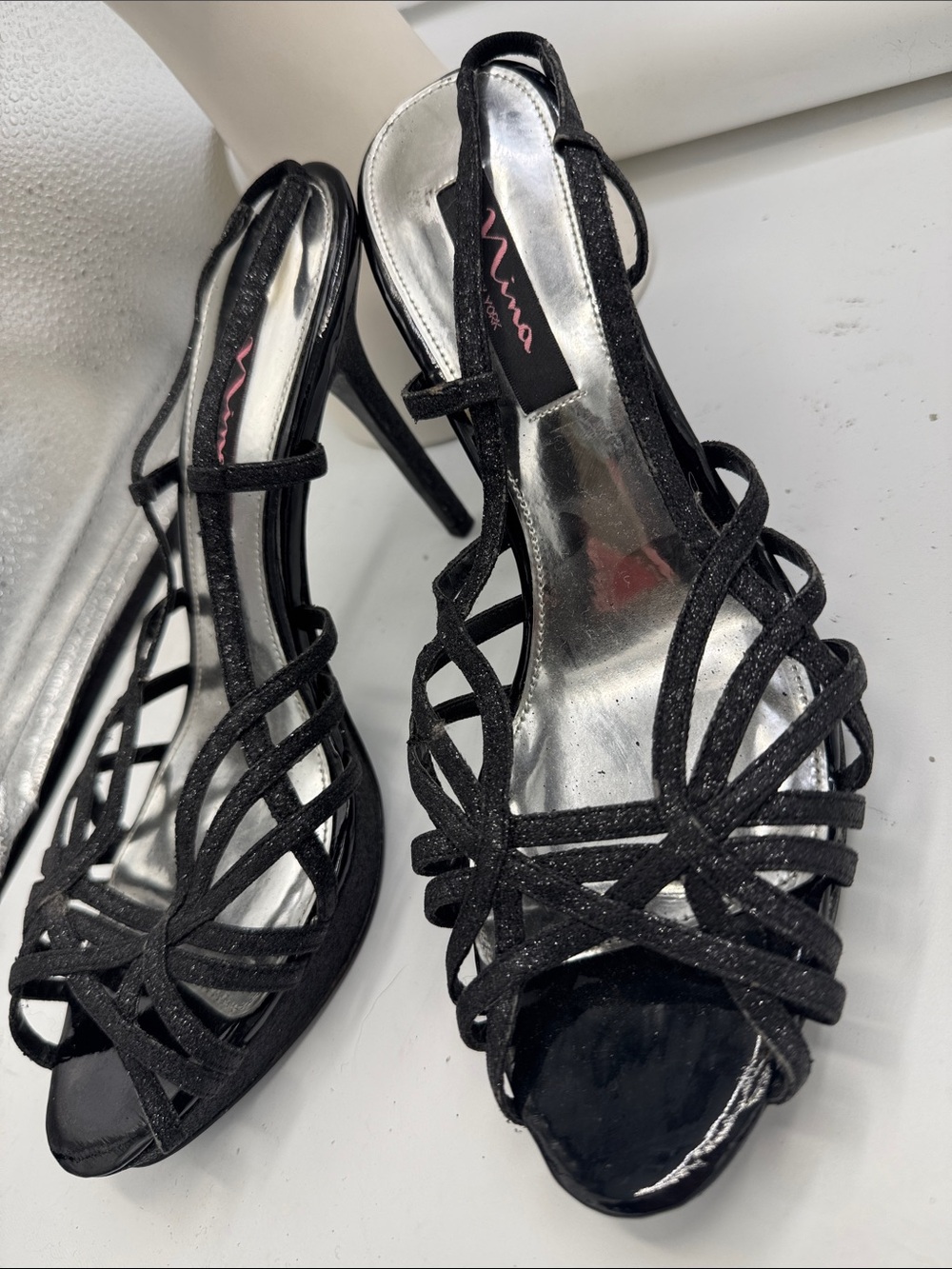 Nina Black Glitter Strappy High Heels with Silver Insole size 10